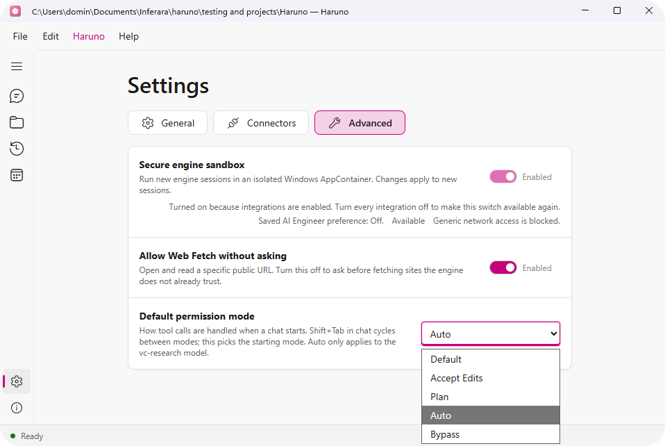 Haruno Settings showing AI Engineer mode with integration action settings for On, Confirm, and Off.