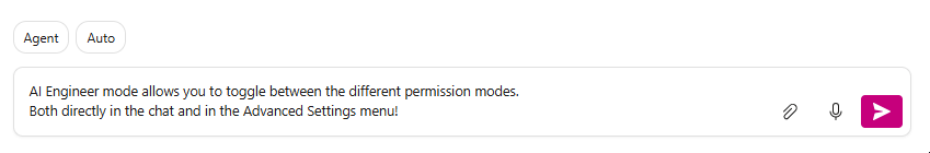 Animated demonstration of switching Haruno permission modes from the chat and Advanced Settings.