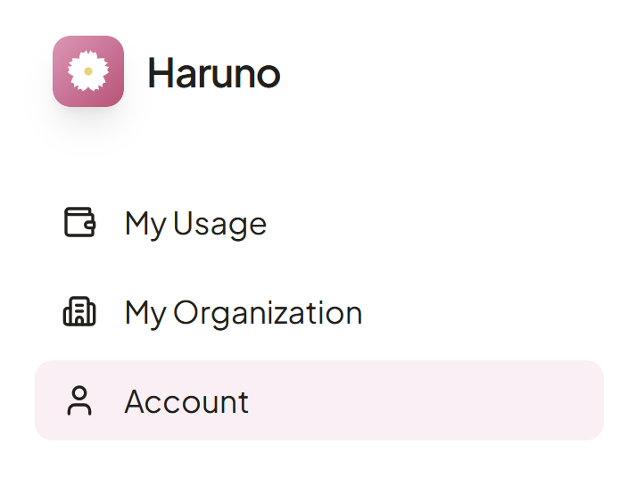 Haruno dashboard menu with Account as an option.