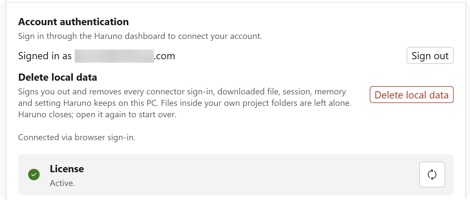 Haruno desktop app after sign-in, showing the account email and an active license.