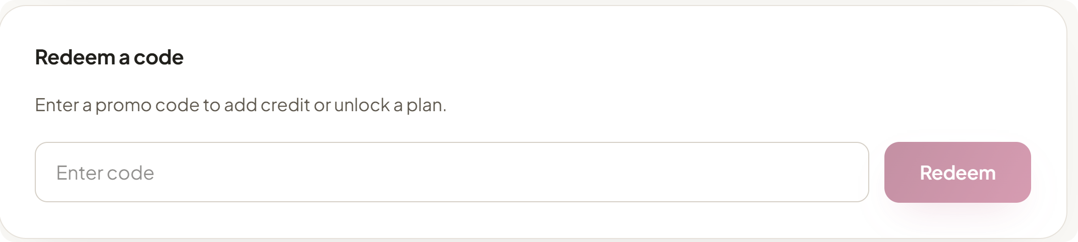 Redeem a code card with a code field and Redeem button.