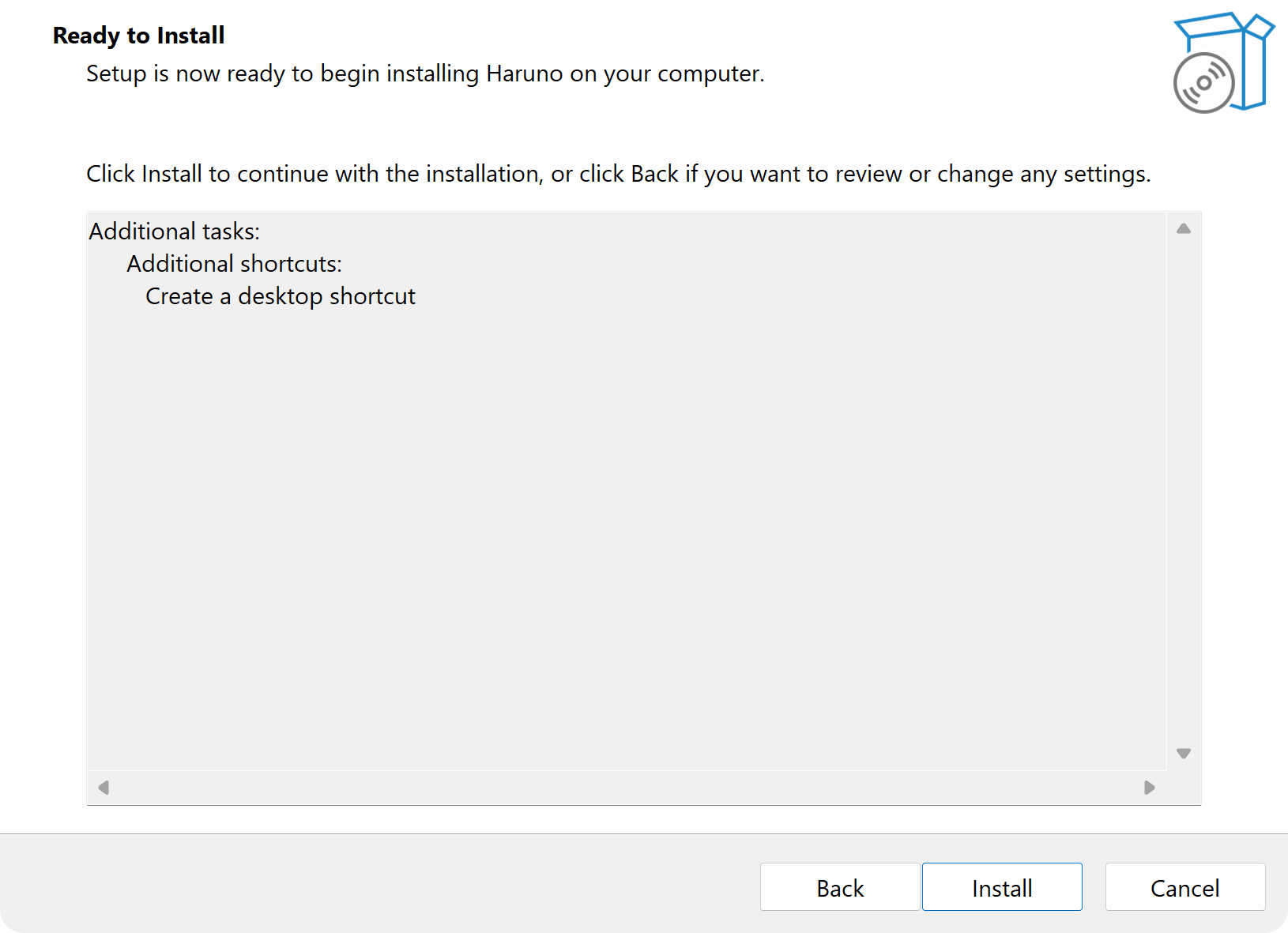 Completed Haruno installation screen with the option to open the app.