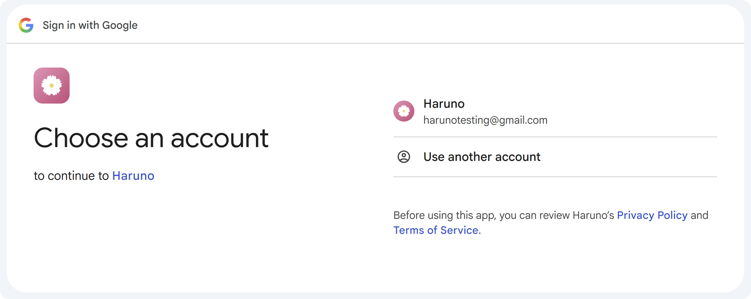 Google account chooser opened from Haruno sign-in.